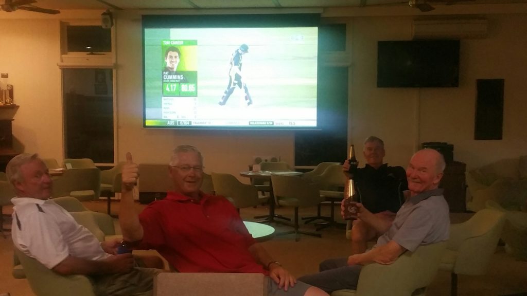 Relaxing watching the "Tim Maslin Big Screen" after a busy barefoot bowling evening