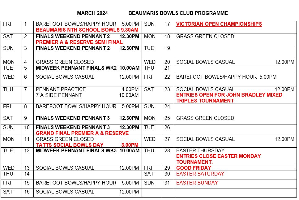 Beaumaris Bowls Club Club Calendar - Beaumaris Bowls Club